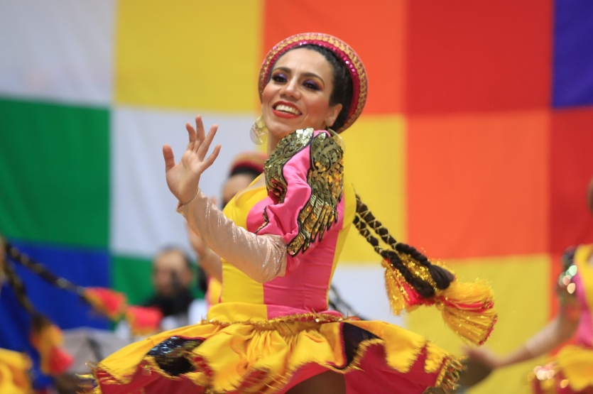 Fotografía de mujer danzando al fondo una bandera whipala